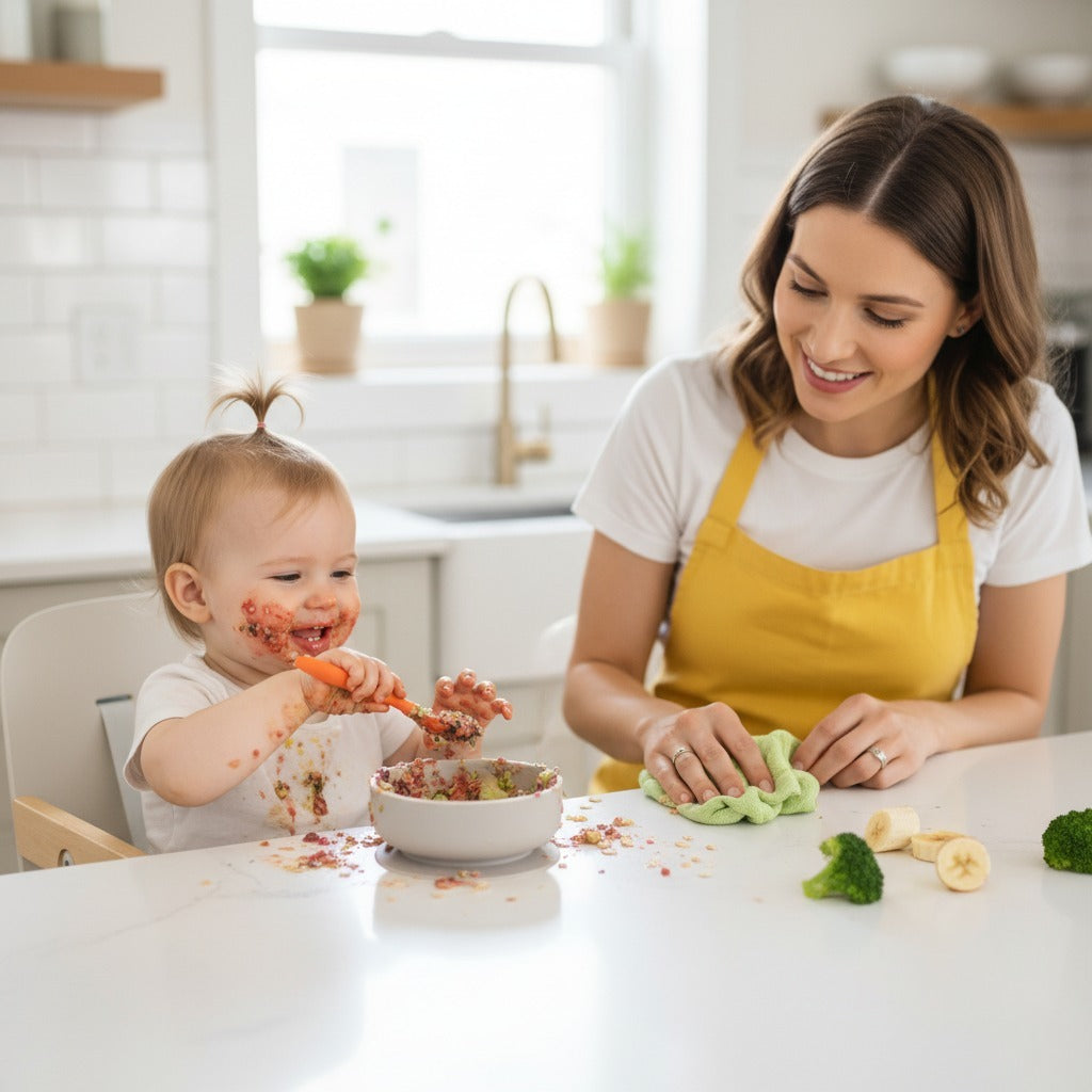 Smiling mom cleans as baby self-feeds messily.