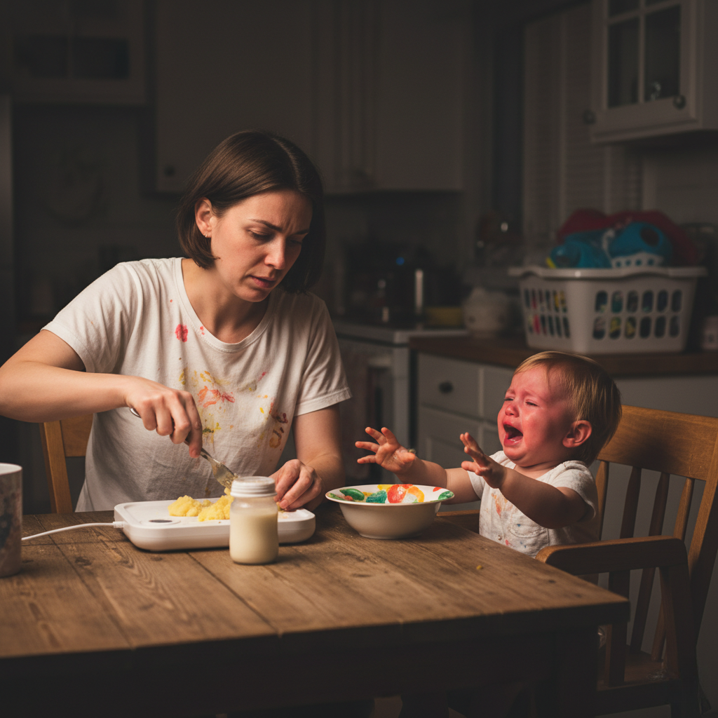 Stressed mother feeding crying baby mashed potatoes at night