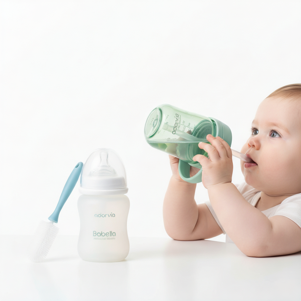 Newborn baby drinks from bottle, brush nearby