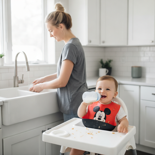 A mother washes dishes while baby eats in highchair.