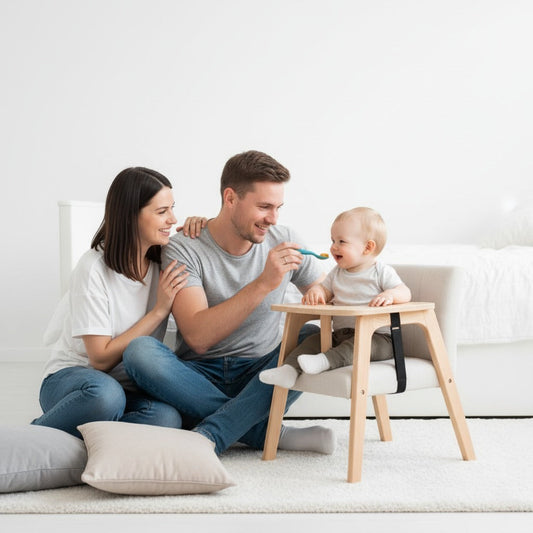 lightweight booster seat strapped to dining chair