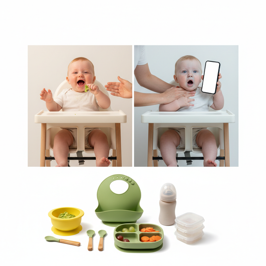 A split image showing two scenarios of a baby in a high chair, illustrating the difference between gagging and choking, alongside a collection of baby-led weaning products