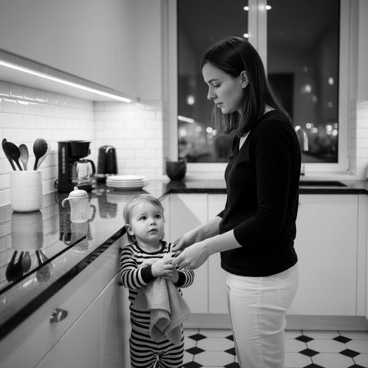 Night kitchen scene: mother, toddler, weaning