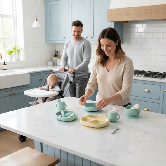Family preparing baby's meal in a blue kitchen.