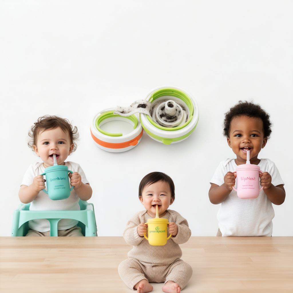 Three babies with straw cups, a moldy 360 cup.