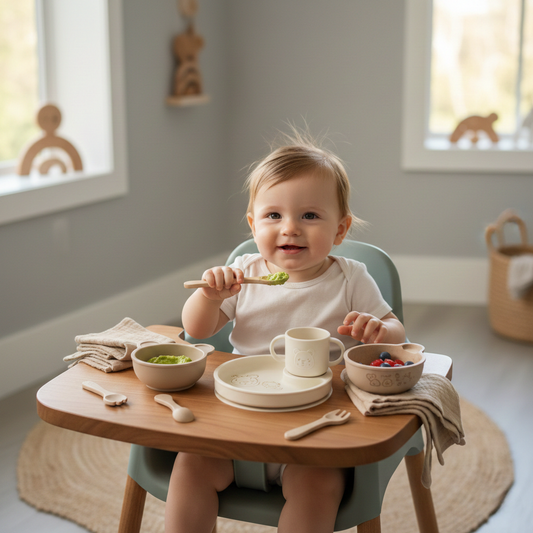 Happy baby eating from a gender-neutral feeding set.