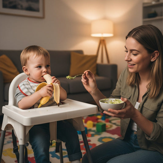 Happy mother watches baby eat banana and mashed food