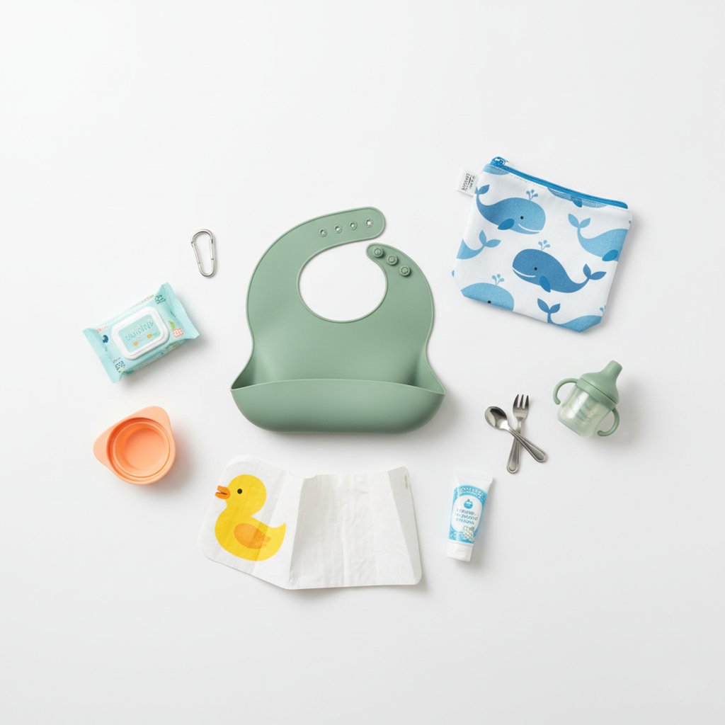 A collection of travel bibs and baby feeding essentials