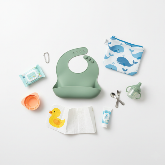 A collection of travel bibs and baby feeding essentials