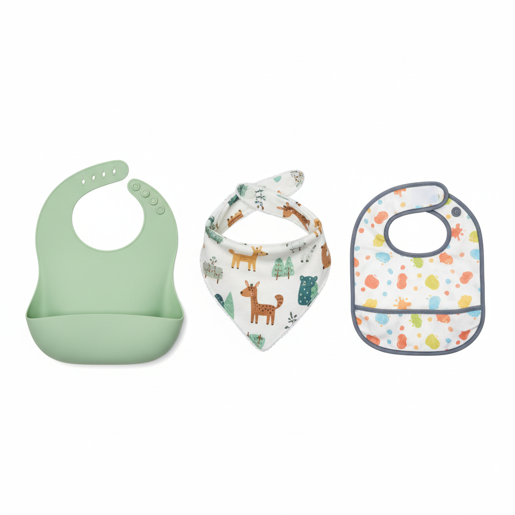 A green silicone bib, a patterned cloth bib, and a disposable bib