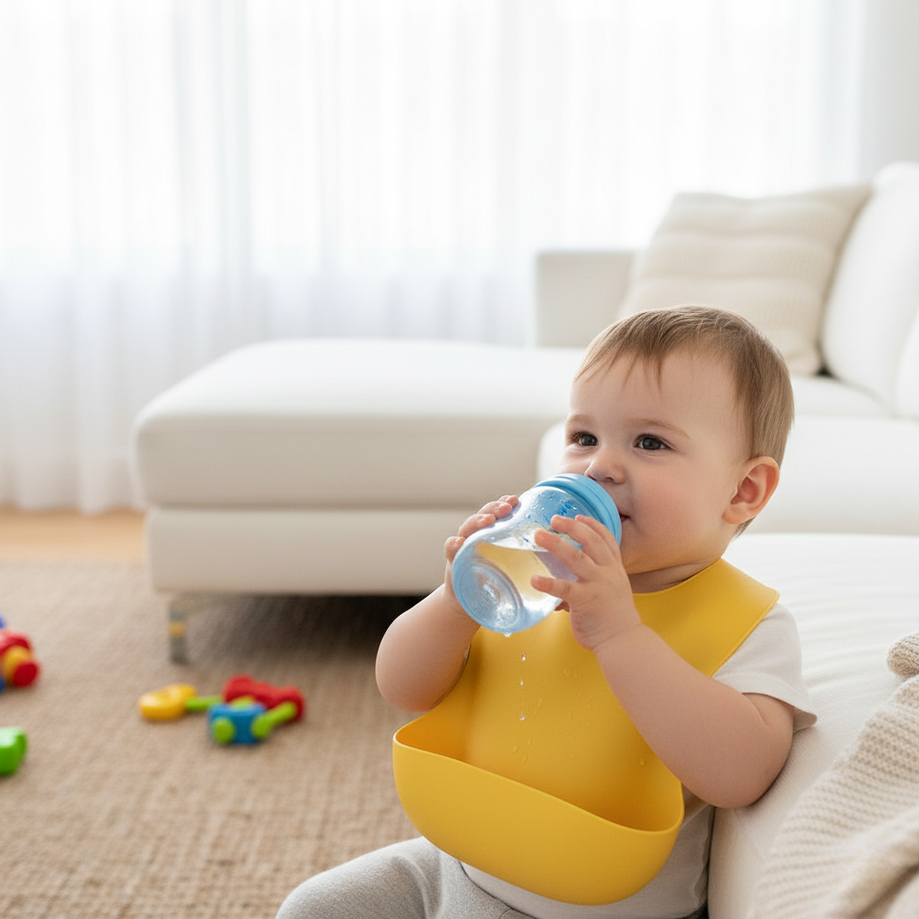 Toddler in waterproof bib drinks water.