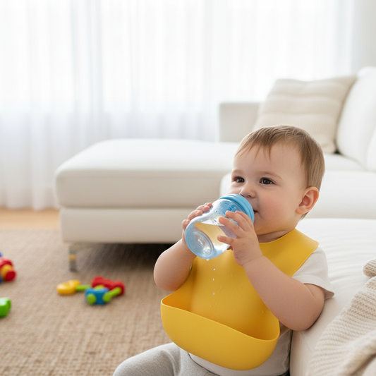 Toddler in waterproof bib drinks water.