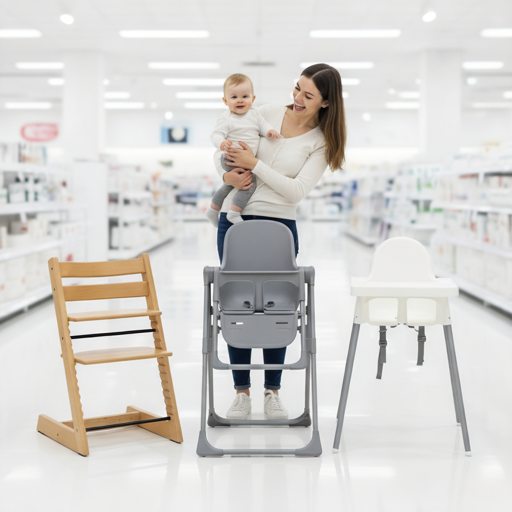 Woman and baby opting for a high chair.