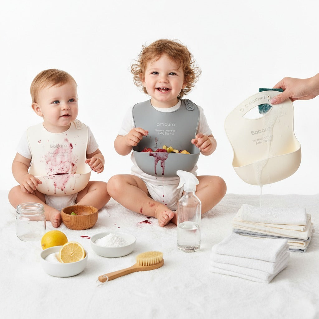 Bibs and babies making a mess and getting cleaned.
