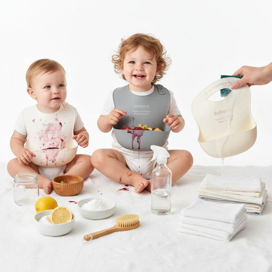 Bibs and babies making a mess and getting cleaned.