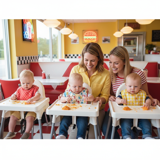 Three babies in high chairs wearing patterned bibs and making a mess