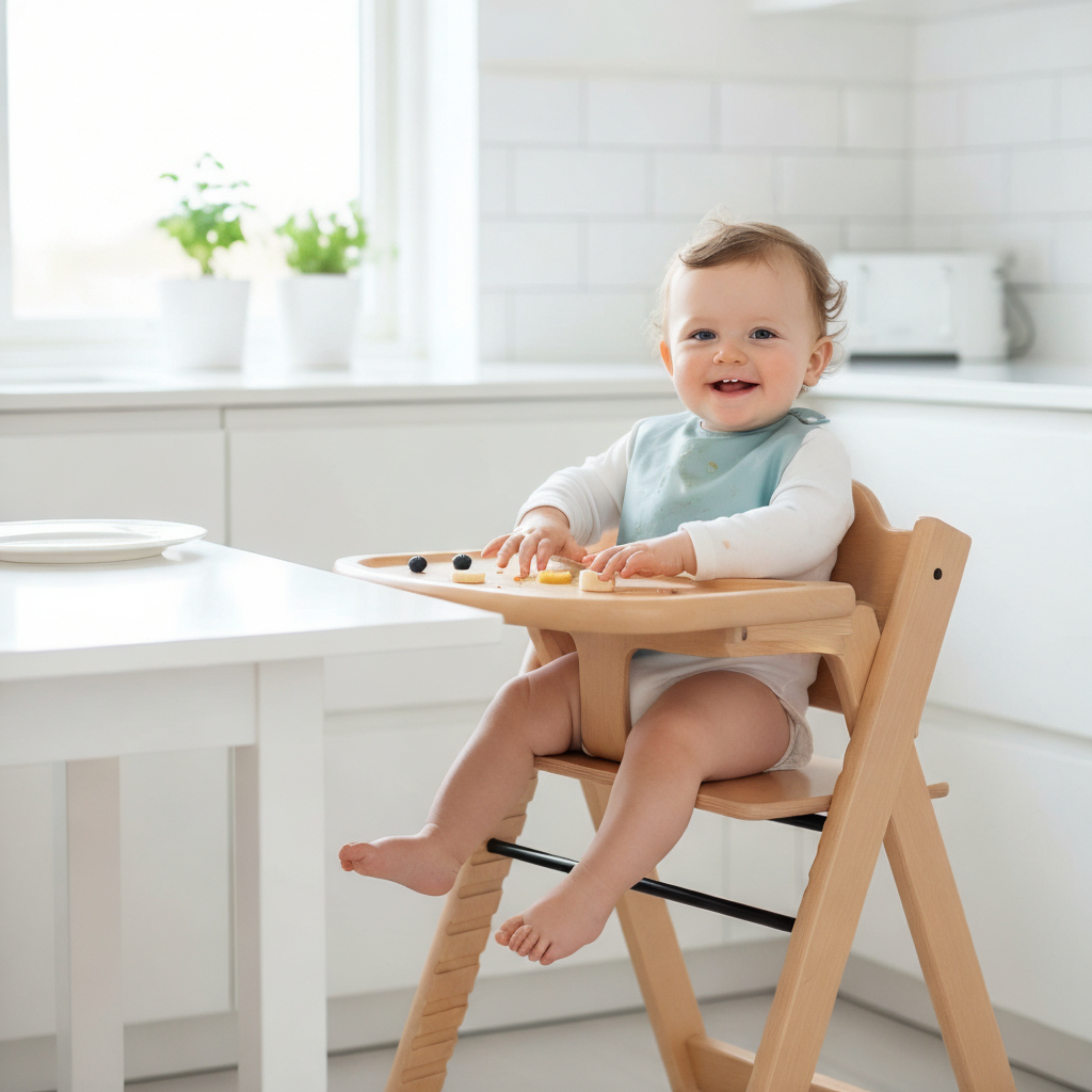 Happy baby boy in wooden high chair, white kitchen