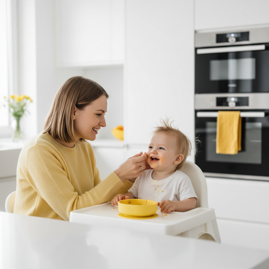 Mother rubbing toddler's cheeks after food in a white kitchen