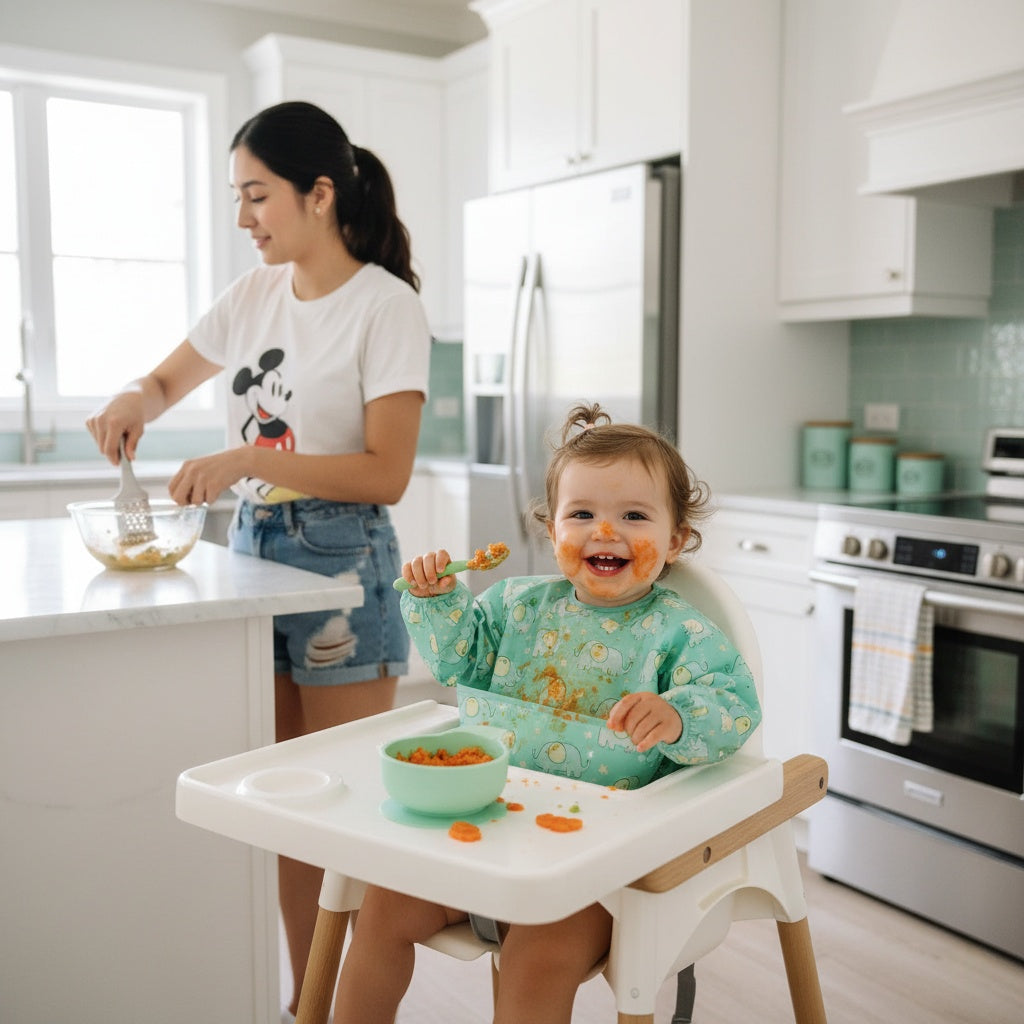Cute baby in long-sleeved bib, messy eating, happy.