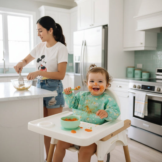 Cute baby in long-sleeved bib, messy eating, happy.
