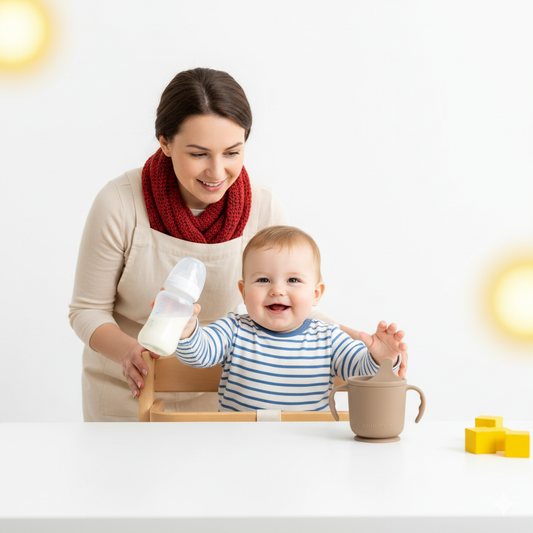 A smiling baby in a high chair reaches for a sippy cup