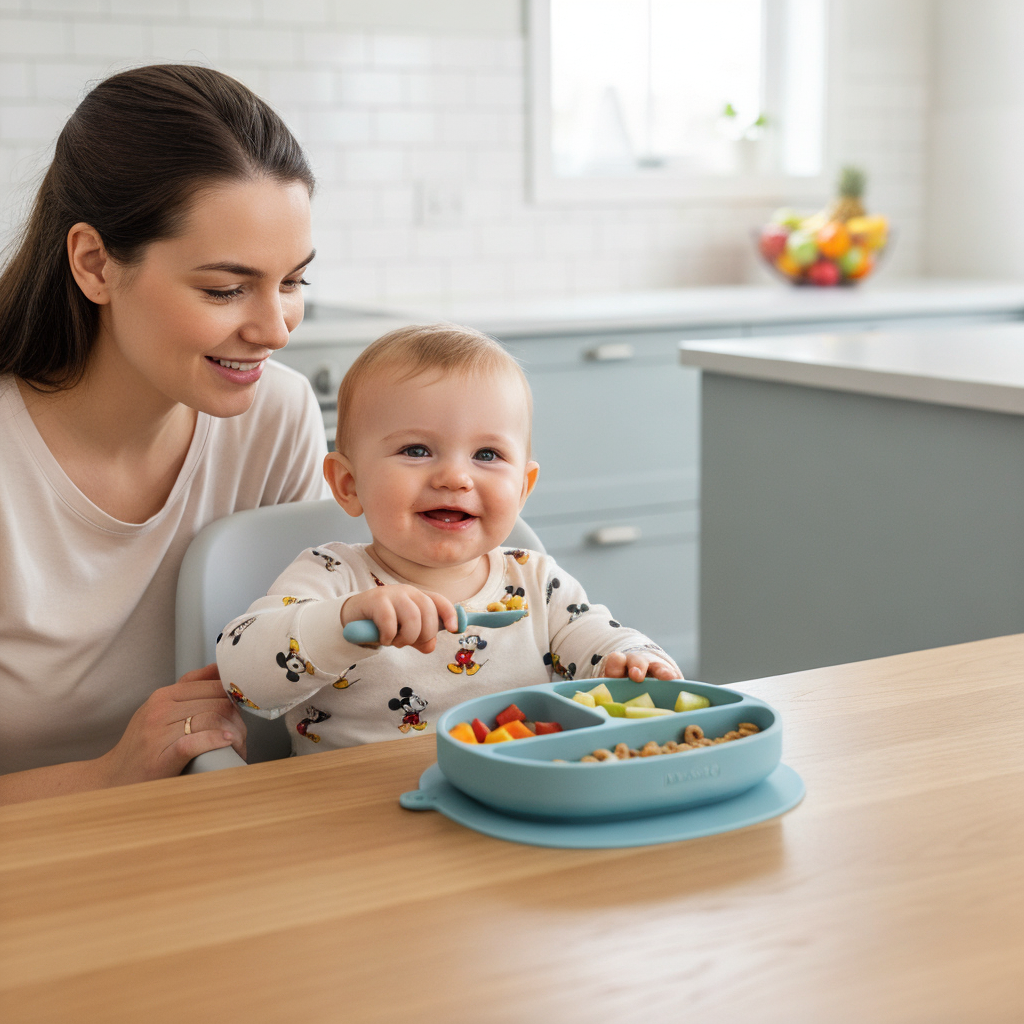 Baby eating cereal with mum in white-blue kitchen.