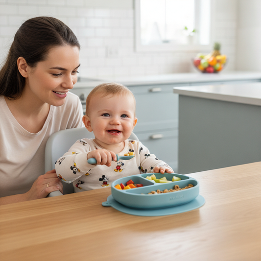 Baby eating cereal with mum in white-blue kitchen.