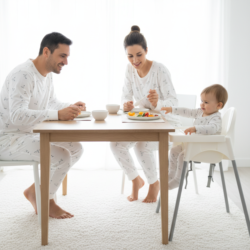 Toddler reaching for food on mom's plate as dad smiles