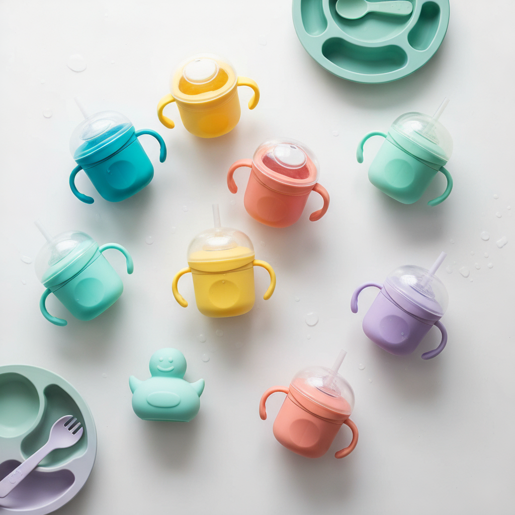 Overhead shot of baby sippy cups on kitchen counter