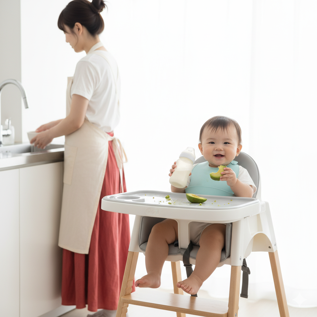 Baby in Higgi high chair eats as mom washes dishes