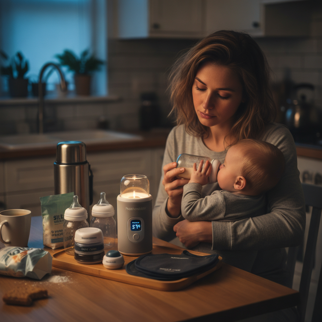 Exhausted mother feeding baby with Nestacular bottle warmer at night