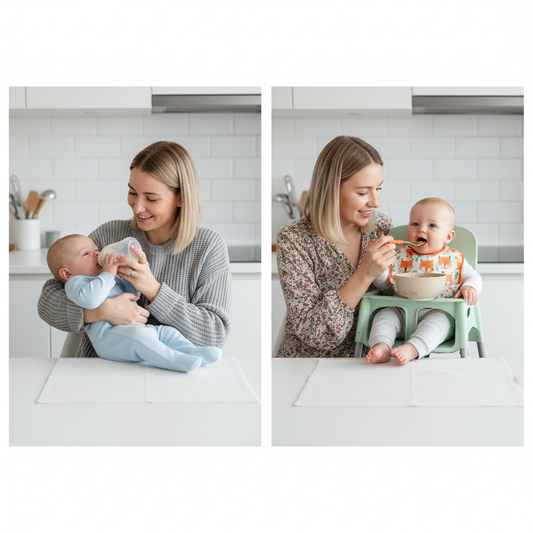 Mother feeding baby, showing different positions and ages.