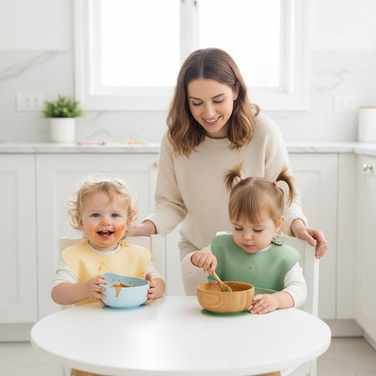 Baby practicing self-feeding with non-slip silicone bowl on high chair