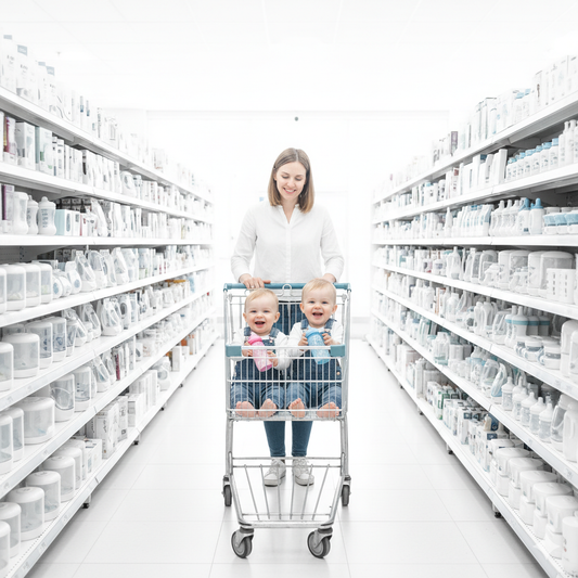 Mother and twins in shopping cart in baby aisle.