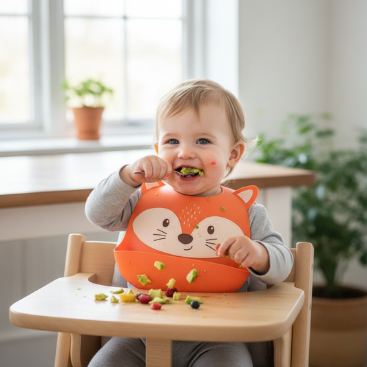 Cute baby in fox bib eating avocado.