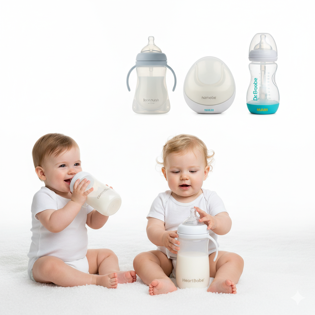 babies and various baby bottles