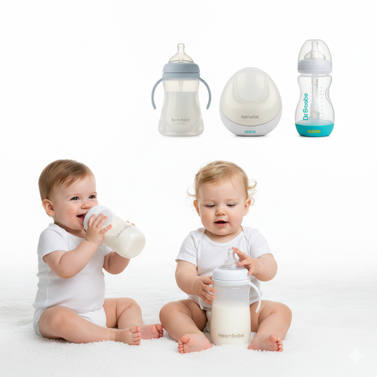 babies and various baby bottles