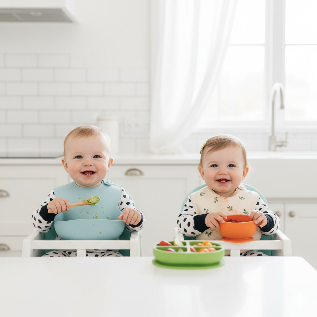 Happy babies in eco-friendly bibs in a bright kitchen.