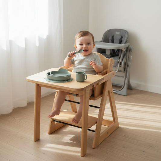 A happy baby in a wooden convertible high chair that transitions to a table and chair set, using a sage green silicone plate, bowl, cup, and spoon