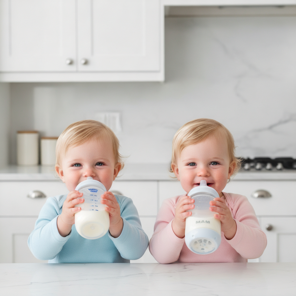 babies drinking milk from Tommee Tippee and MAM bottles.