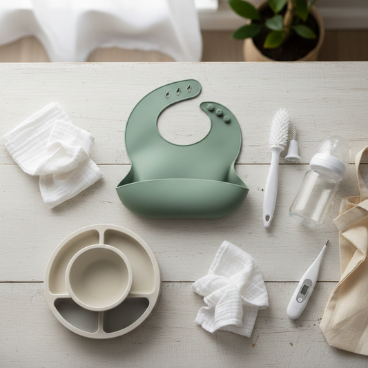 baby shower gifts including a green silicone bib, a divided silicone plate and bowl set, a baby bottle, a bottle brush and teat cleaner, a digital thermometer, and several white burp cloth