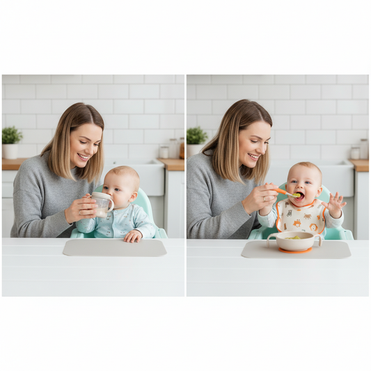 Two images of woman feeding baby at different ages.