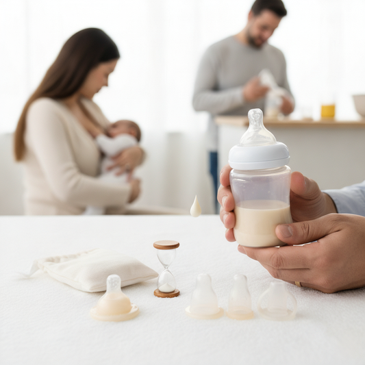 close-up of a person's hands holding a baby bottle filled with milk, with various bottle nipples