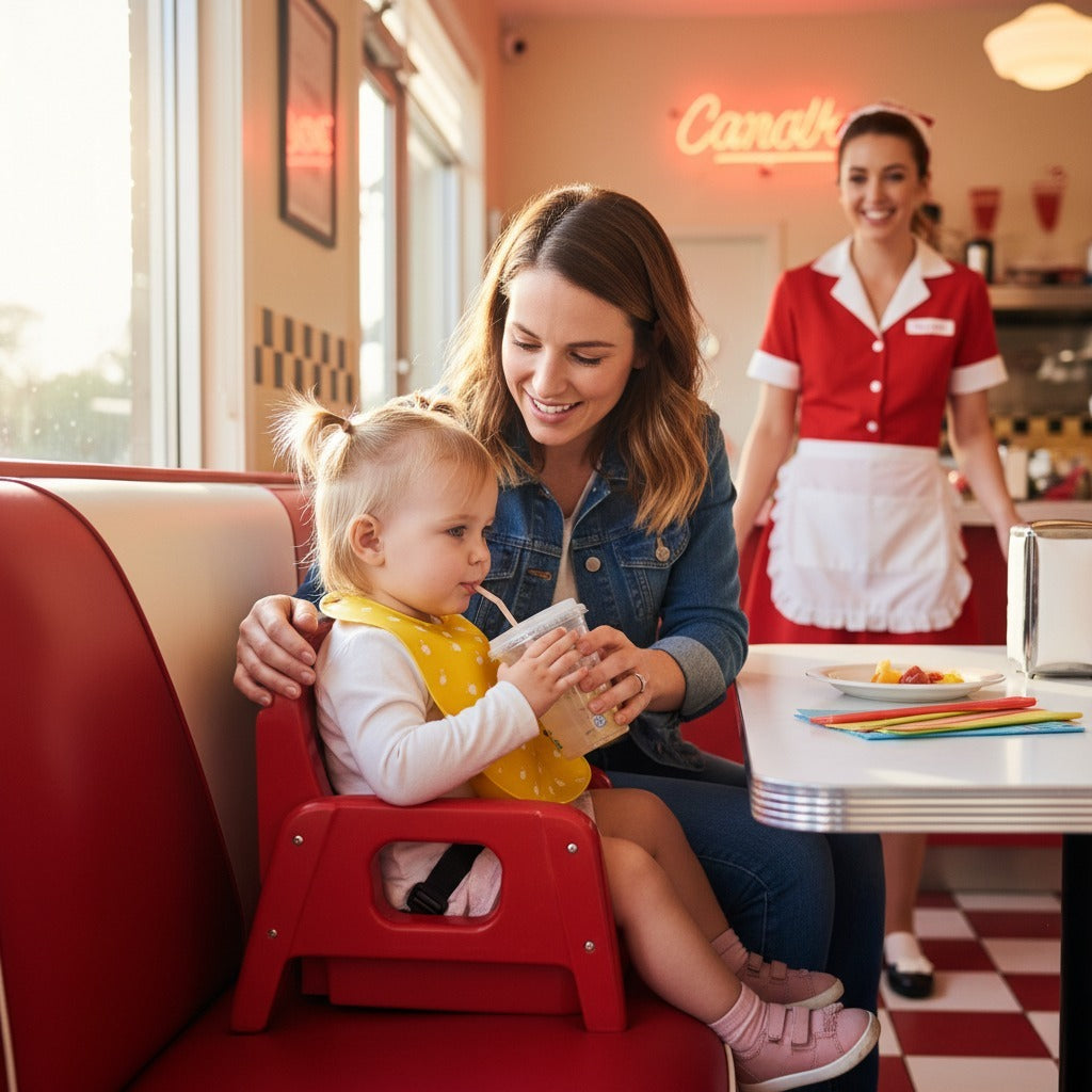Mother teaches toddler straw drinking in a retro diner