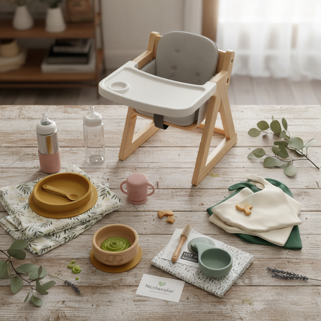 A beautifully arranged collection of eco-friendly baby feeding essentials, including a wooden convertible high chair with a white tray, silicone bowls and spoons