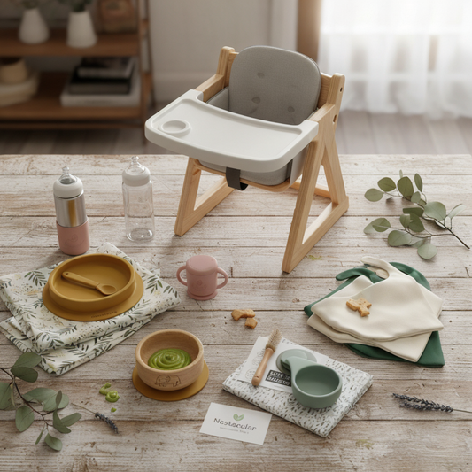 A beautifully arranged collection of eco-friendly baby feeding essentials, including a wooden convertible high chair with a white tray, silicone bowls and spoons