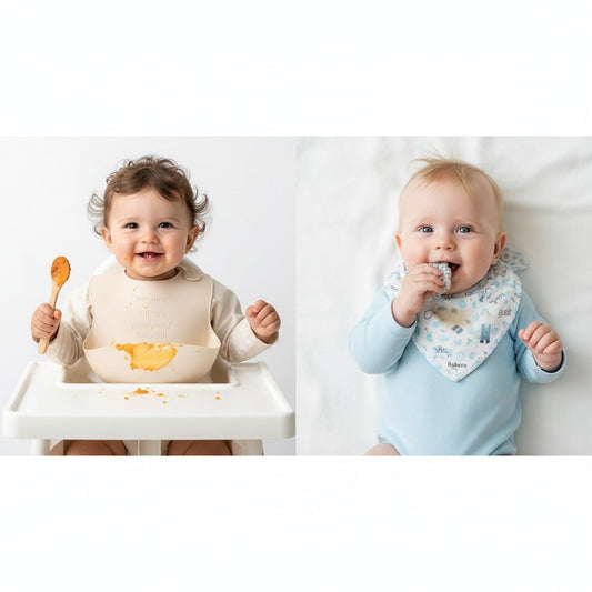 two babies wearing different bibs.