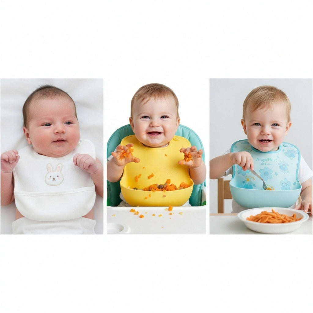 babies wearing adjustable bibs at different ages.