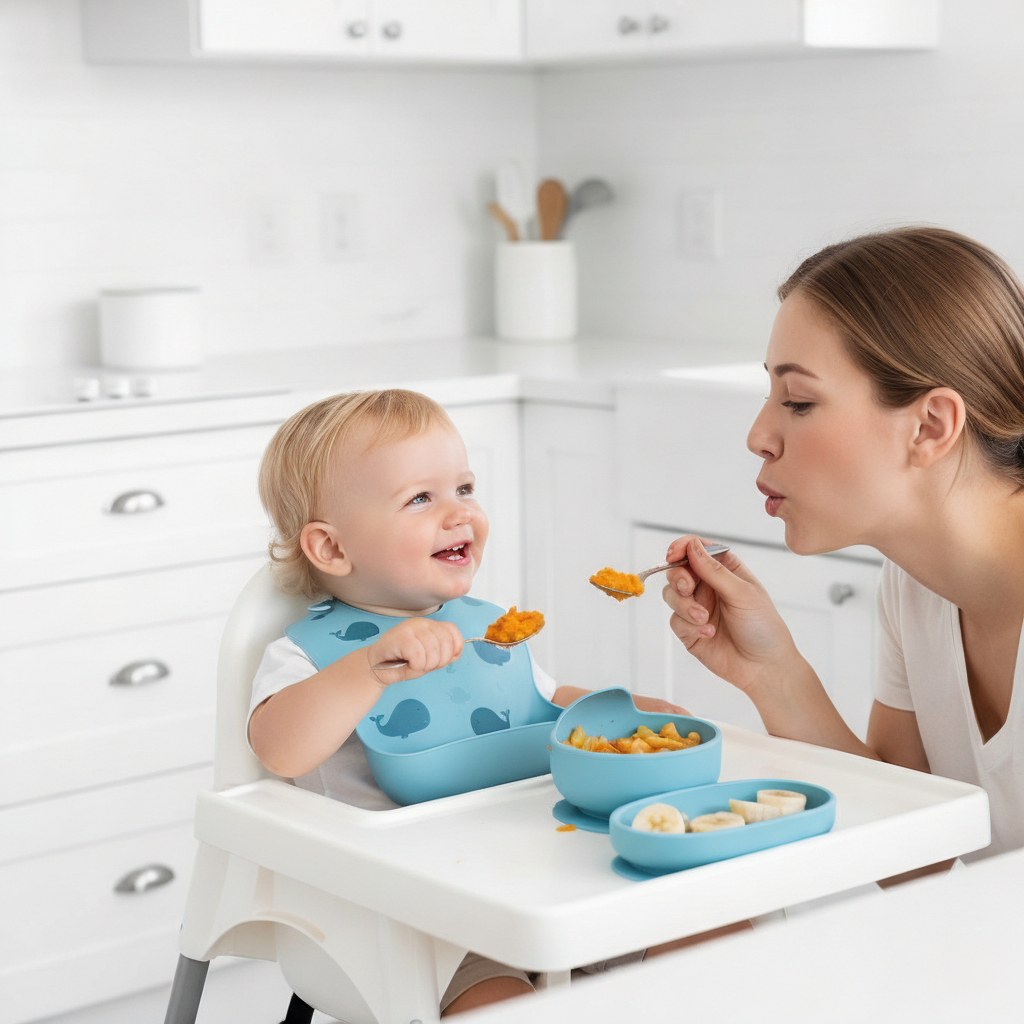 A happy baby eats as mother blows on food.
