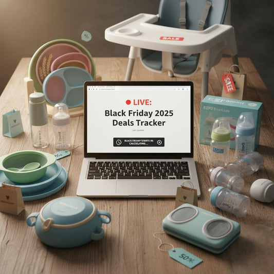 A laptop displaying a "LIVE: Black Friday 2025 Deals Tracker" surrounded by various baby feeding products like bottles, plates, bowls, and a high chair,
